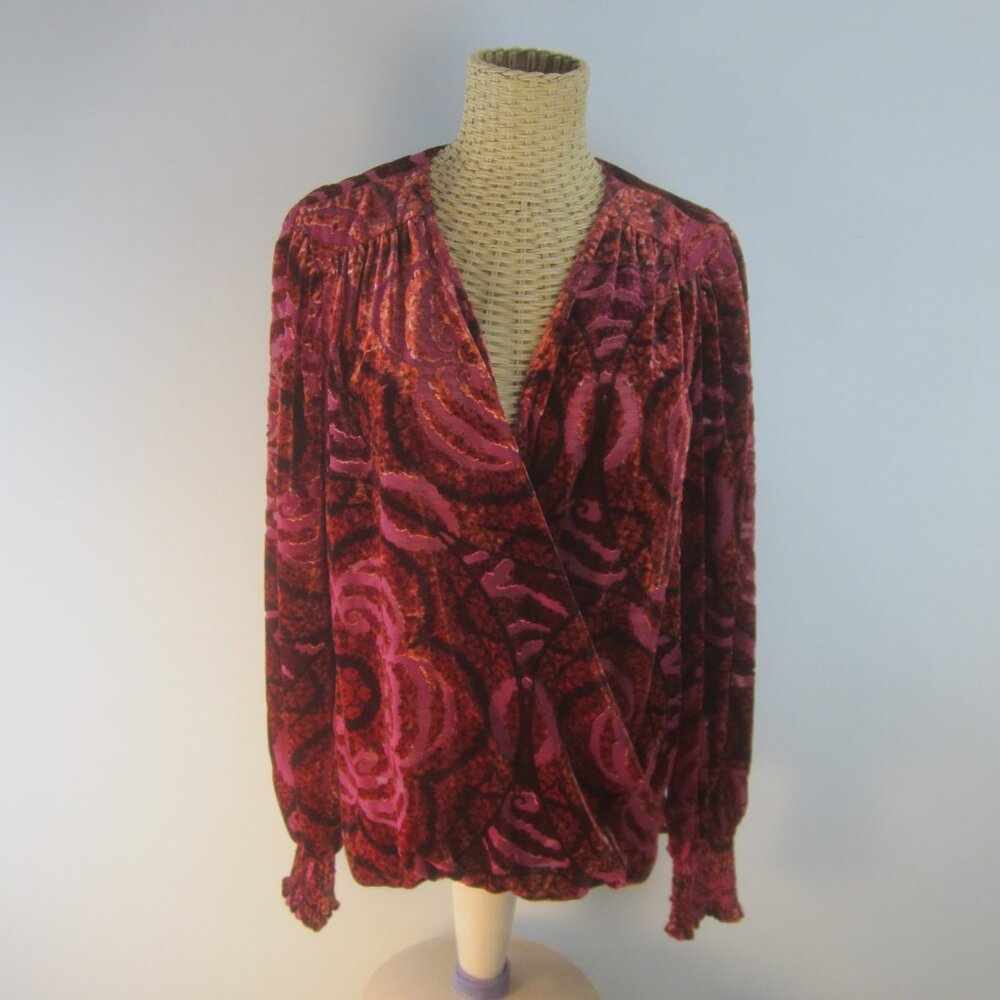 Anthropologie Women Large Red Pink Velvet Faux Wrap Full Sleeve Gathered Shirt
